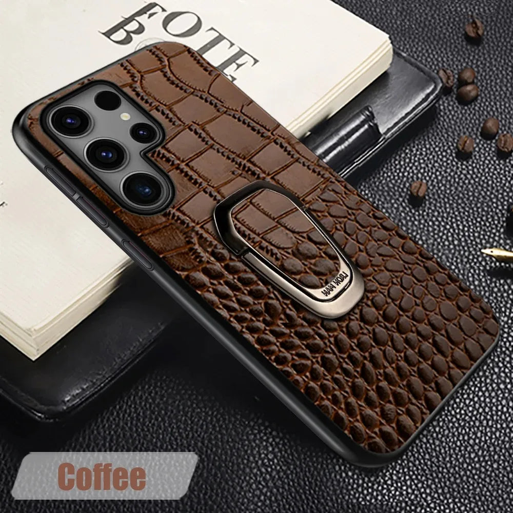 Genuine Cowhide Leather Bracket Phone Case For Samsung Galaxy S24 S23 Ultra S23 Plus S24Ultra S22Ultra Back Cover with Ring
