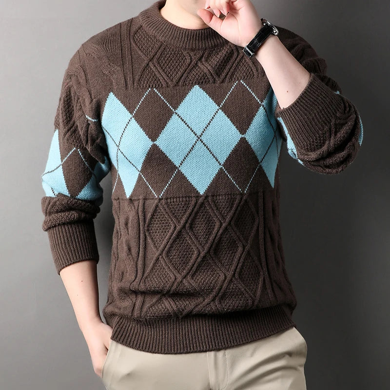High Quality Thick Mens Sweater Fashion Argyle Mock Neck Knitted Pullovers Autumn Winter Patchwork Warm Casual Knit Sweater Men