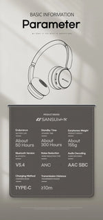 Sansui DT11 ANC Wireless Bluetooth 5.4 Headphone -45dB Active Noise Reduction Headsets 50H Playtime Over Ear Retro Earphones