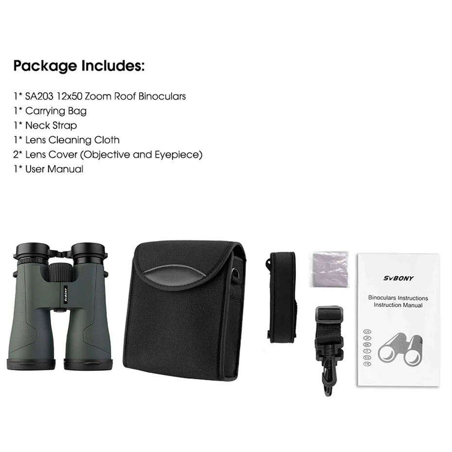 SVBONY Telescope SA203 12x50 Binoculars Professional Powerful BAK4 IPX7 Waterproof Camping Equipment for Birdwatching Stargazing