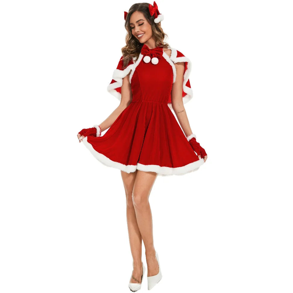Red Sexy Christmas Uniforms Women's Santa Dress Adult Role Playing Outfit With Shawl Party Performance Fancy Clothing