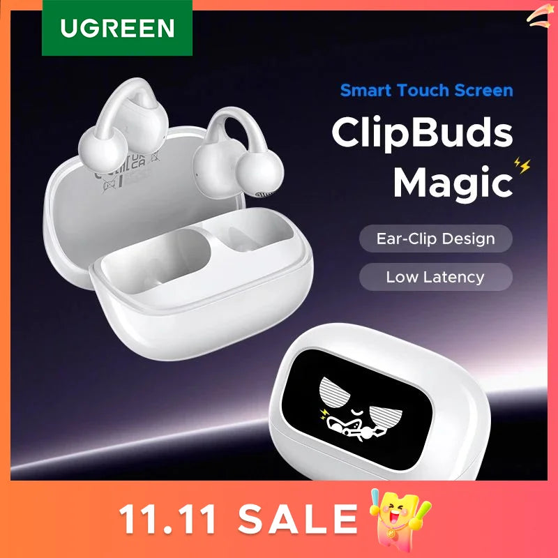 UGREEN LCD Full Color Smart Screen Wireless TWS Bluetooth Earphones Earbuds Open Clip Ear Headphones AI Call Noise Cancellation