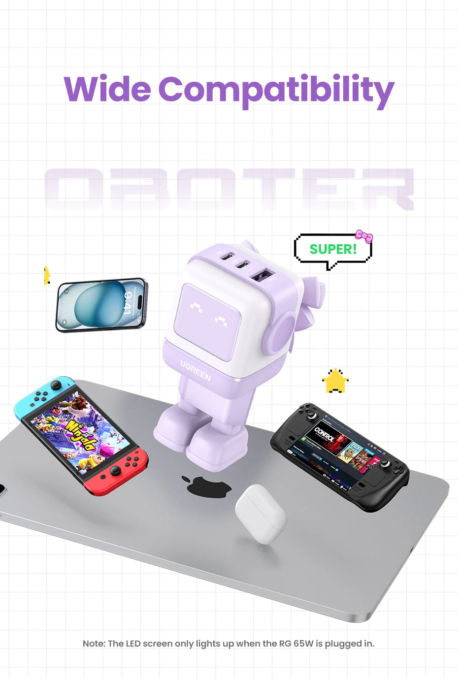 UGREEN 65W GaN Charger Uno Robot Design Quick Charge 4.0 3.0 PPS for iPhone 17 16 Pro Macbook Air Laptop Tablet PD Fast Charger