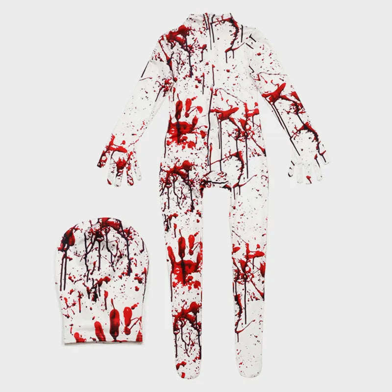 Kids Halloween Horror Costume Blood Red Jumpsuit with Scary Mask Spooky Role Play Party Outfit for Carnival Celebration