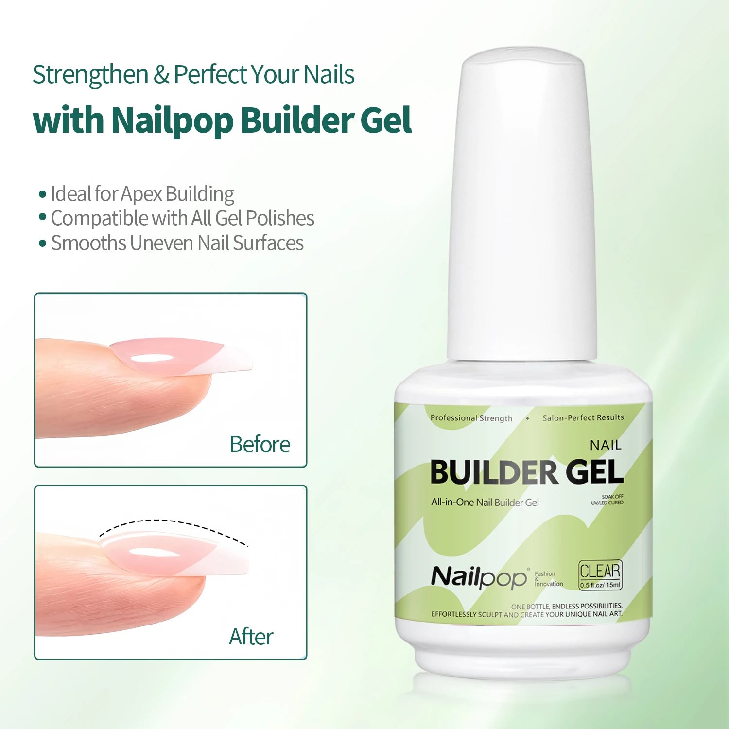 Nailpop 15ml Builder Gel Nail Polish for Nail Apex & Extension Strengthener Upgraded Soak Off UV Gel Rhinestone Glue 4 Colors