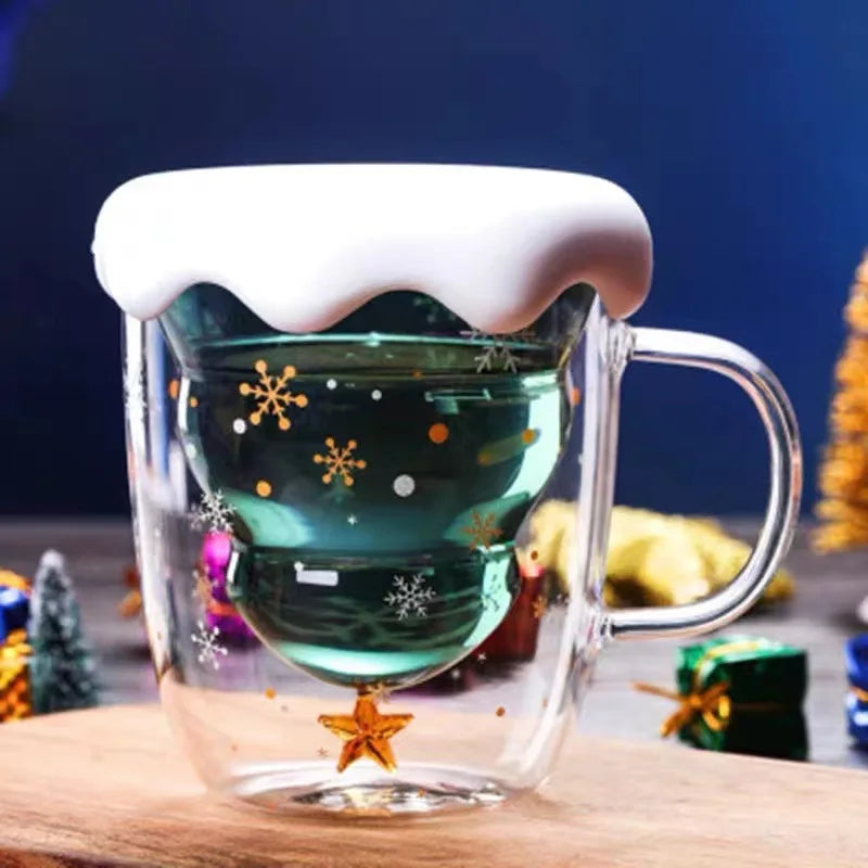 Christmas Tree Cup Transparent Double Heat Resistant Creative Couples Mug Snowflake Drinking Glass Children's Gift Coffee Cups