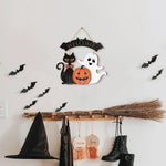 Halloween Decorative Wooden Sign with Black Cat, Pumpkin and Ghost - "Welcome" Design for Door Hanging