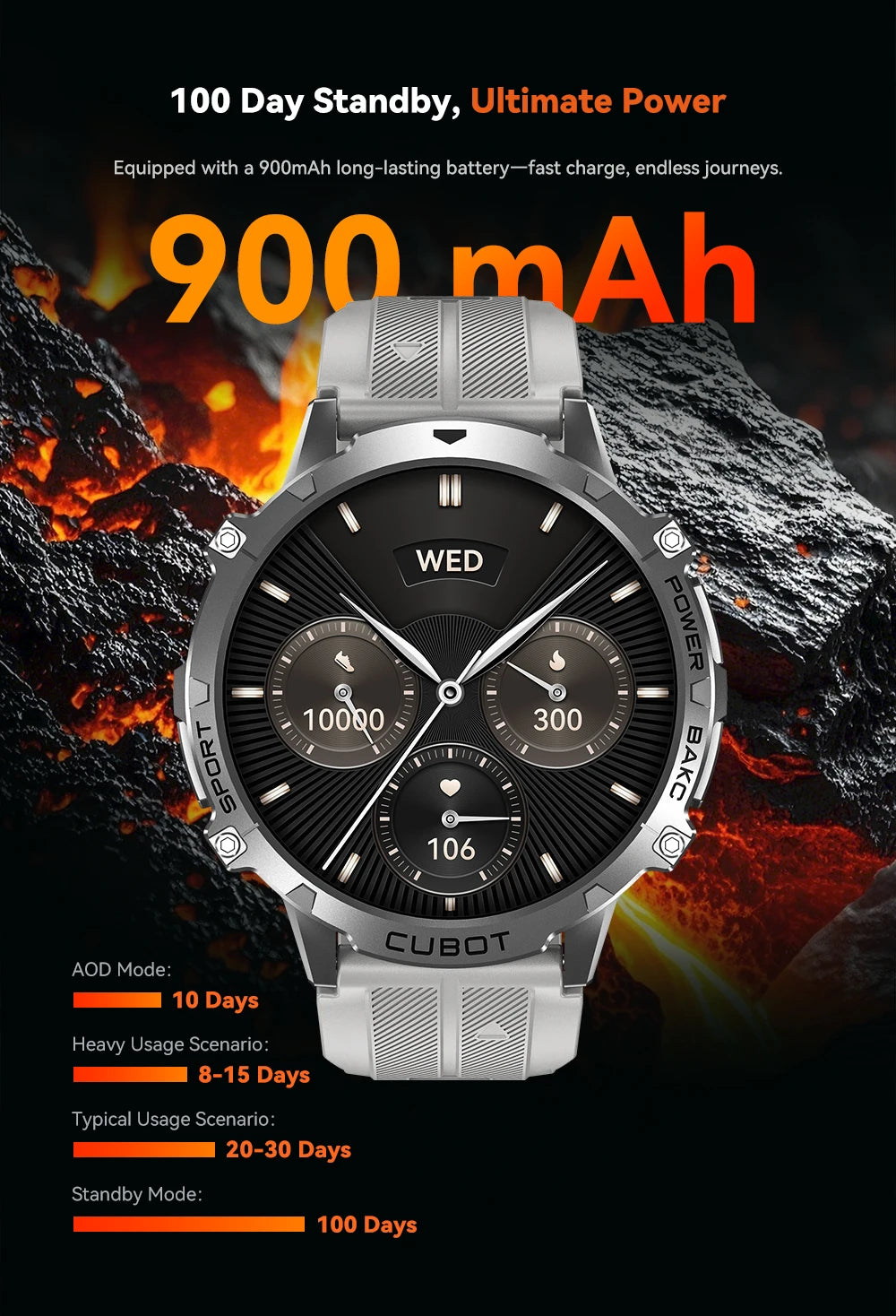 Cubot X3, Sport Waterproof Smartwatch, 1.73-inch AMOLED Display, Bluetooth Calls, 900mAh Battery, Blood Oxygen, Fitness Tracker