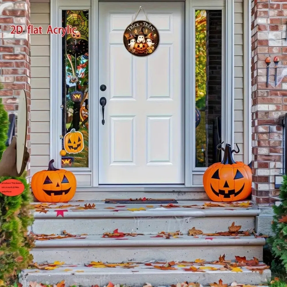 Halloween Round Wooden Signage - Cute Ghost, Pumpkin, Witch Hat Design, Suitable for Home, Door, Garden, Halloween Decoration
