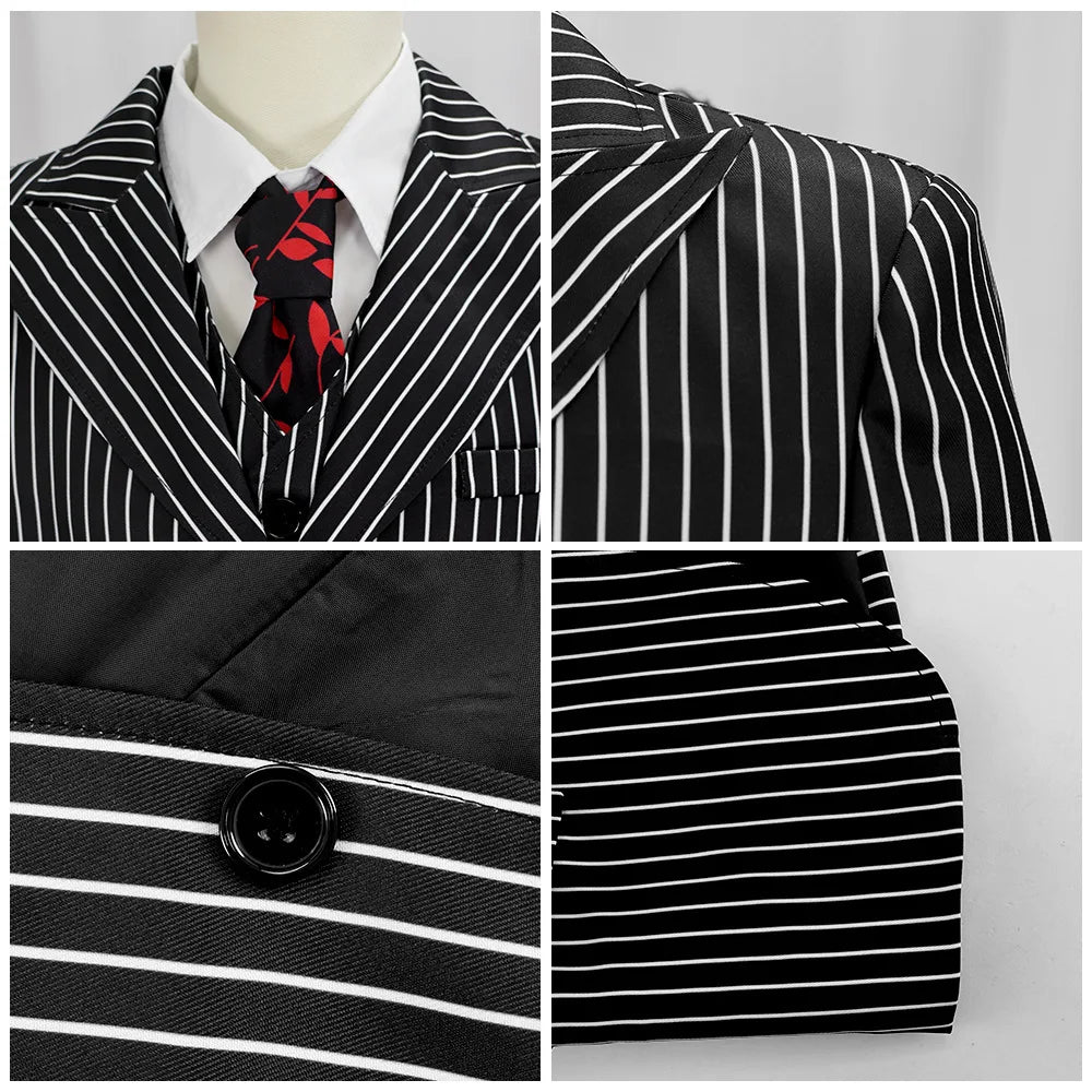 Wednesday The Addams Family Gomez Addams Cosplay Costume Black Striped Blazer Pants Vest Shirt Tie Set Halloween Carnival Outfit