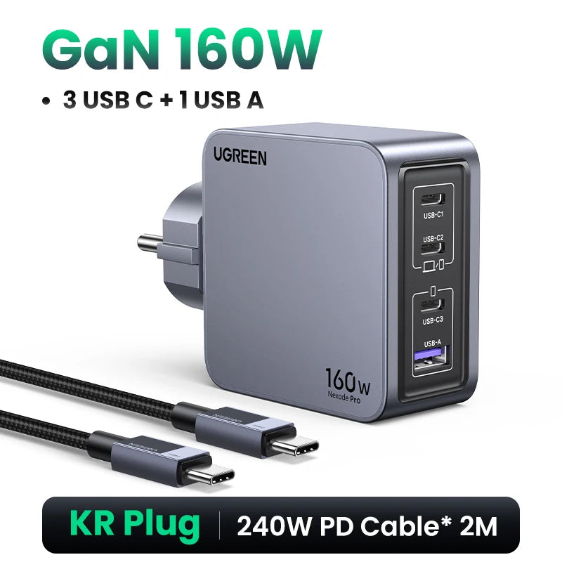 【Korean Plug】UGREEN 160W GaN Charger PD3.1 QC4.0 Quick Charge For Macbook Pro Laptop iPhone 16 15 Pro Max  Xiaomi Tablet iPad
