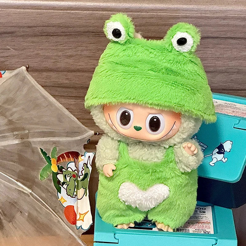 Doll Clothes For LABUBU Frog Set Jumpsuit Kawaii Fisherman Hat 2PCS/Pack Plush Cotton Doll Dress Up Game Decoration