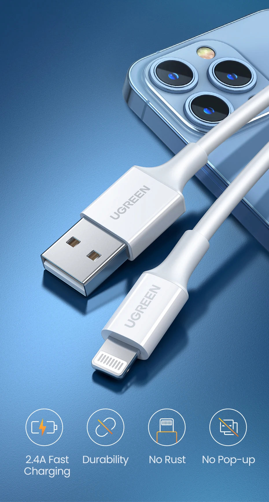 UGREEN MFi USB to Lightning Cable for iPhone 14 13 12 Pro Max 2.4A Fast Charging for iPhone for iPad Phone Data Cable