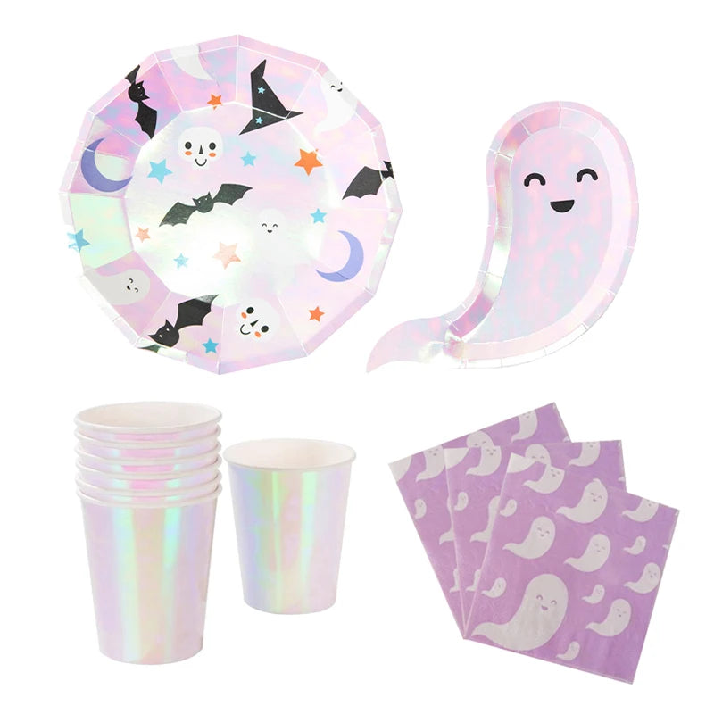 Lovely Pink Laser Disposable Tableware Girls Women Party Decoration Ghost Plates Paper Napkins Cups Halloween Parties Supply