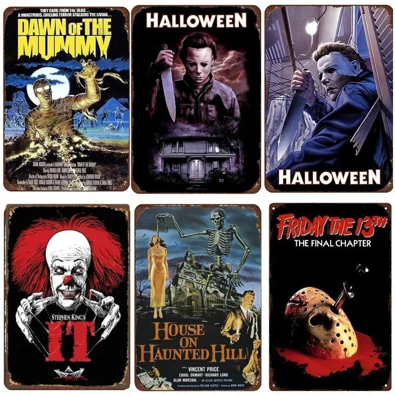 Vintage Halloween Metal Sign Wall Art Horror Movie Theme Perfect for Man Cave Film Theater and Home Decor