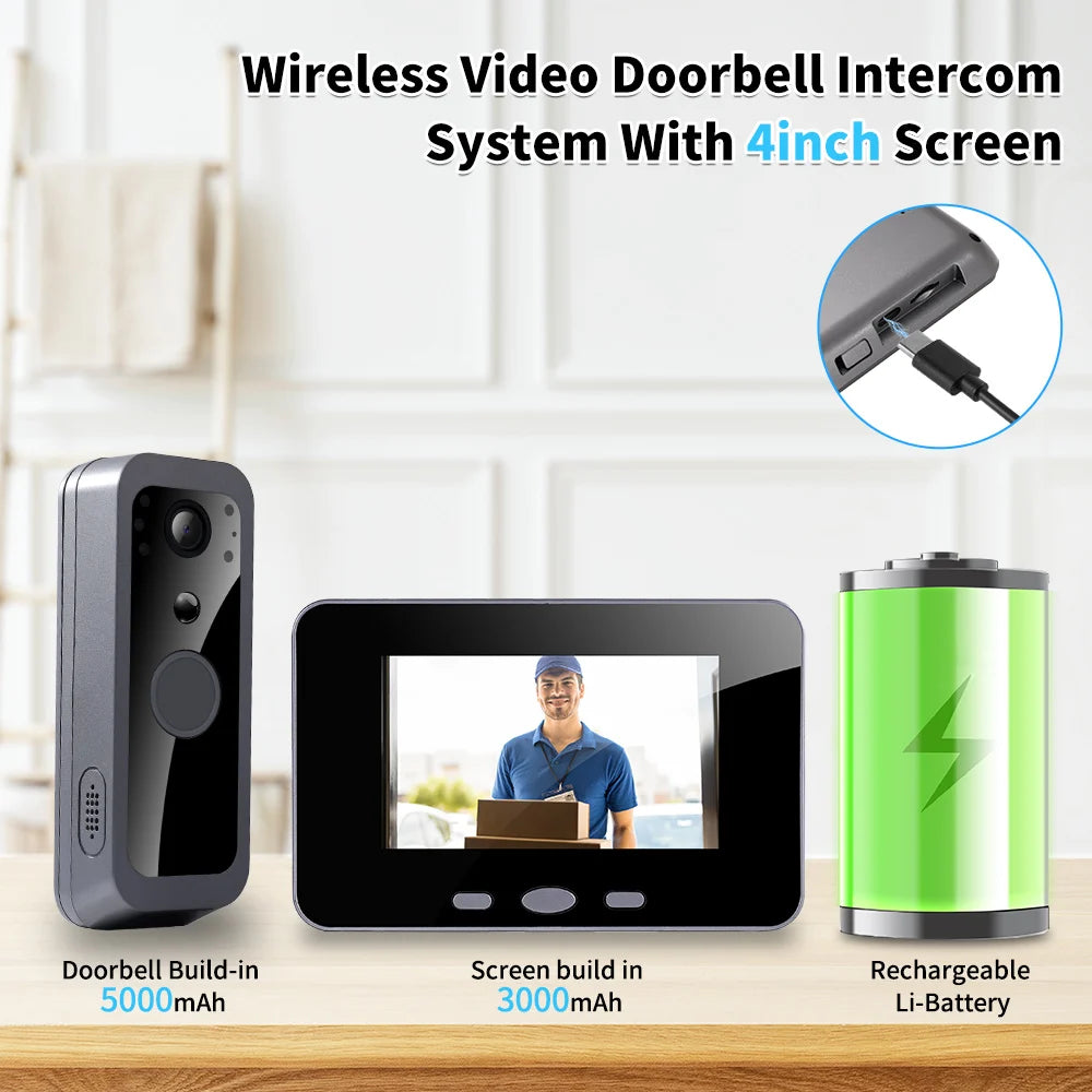 4 Inch Digital Door Viewer Smart Home Peephole Doorbell Camera PIR Motion Detection Night Vision Video Doorbell 2.4Ghz Wireless