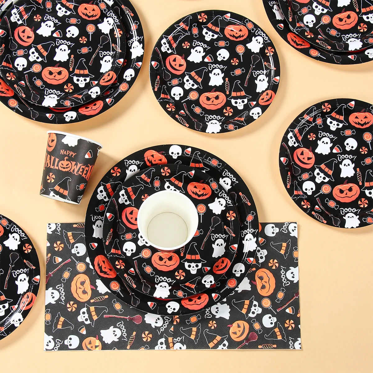Halloween Disposable Tableware Halloween Party Decoration Spooky Pumpkin Paper Plates Napkins Cups Trick or Treat Party Supplies