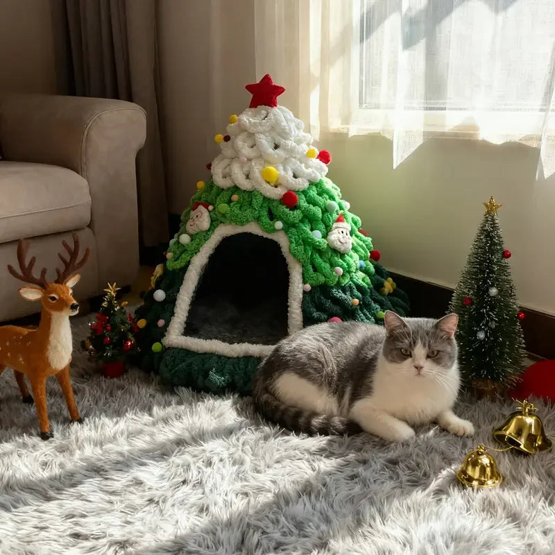 Winter Christmas Tree Cat Nest Handmade /Finished Cat Bed /Winter Warmth Semi Enclosed Dog Nest Felt Cone Pet House 크리스마스 고양이 굴
