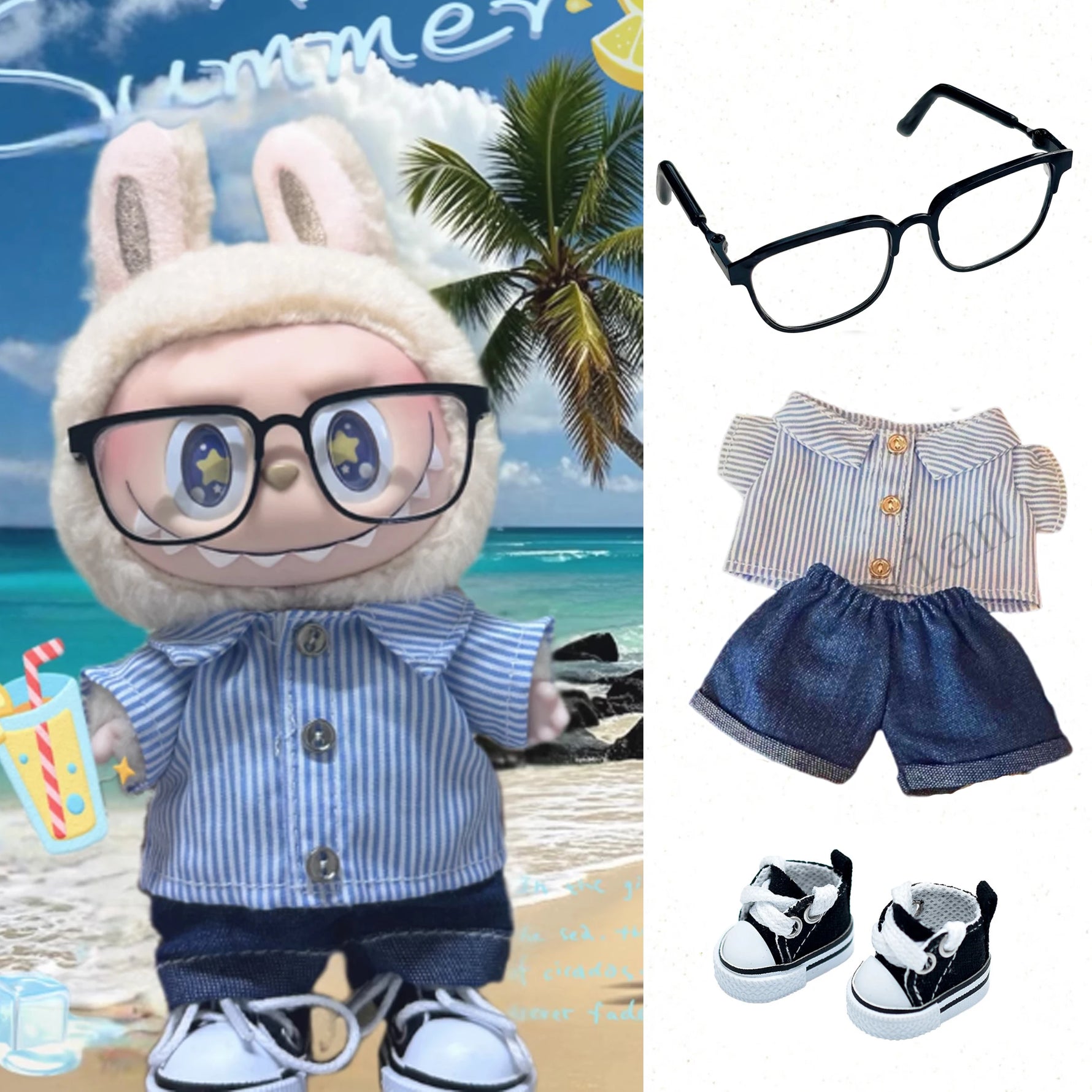 Striped shirt curled jeans set clothes For 15/17cm labubu doll outfit  Metal frame glasses For labubu doll Accessories