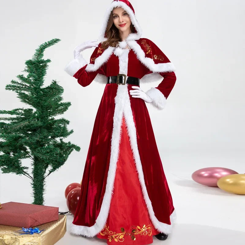 Deluxe Classic Mrs. Claus Kerst Kostuum Xmas Party Santa Claus Cosplay Vrouwen Rode Jurk Kerst Koningin Carnaval Feestjurk