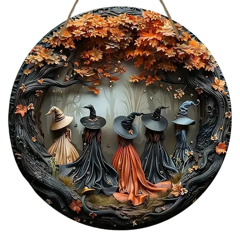 2D Exquisite Witch and Autumn Leaves - Halloween Circular Wooden Sign, Suitable for Home, Restaurant, Bar, Door Decoration Gifts