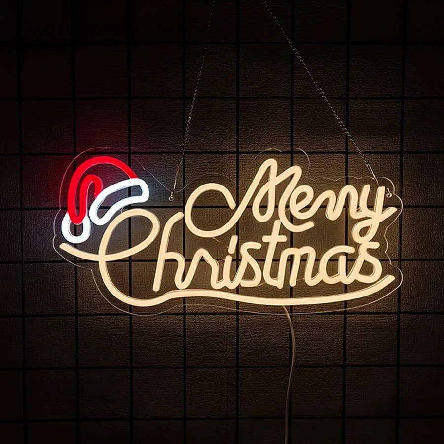 Merry Christmas Neon Sign for Wall Decor,Christmas Neon Sign with Xmas Tree and Santa Hat for  Living Room Home Party Decor