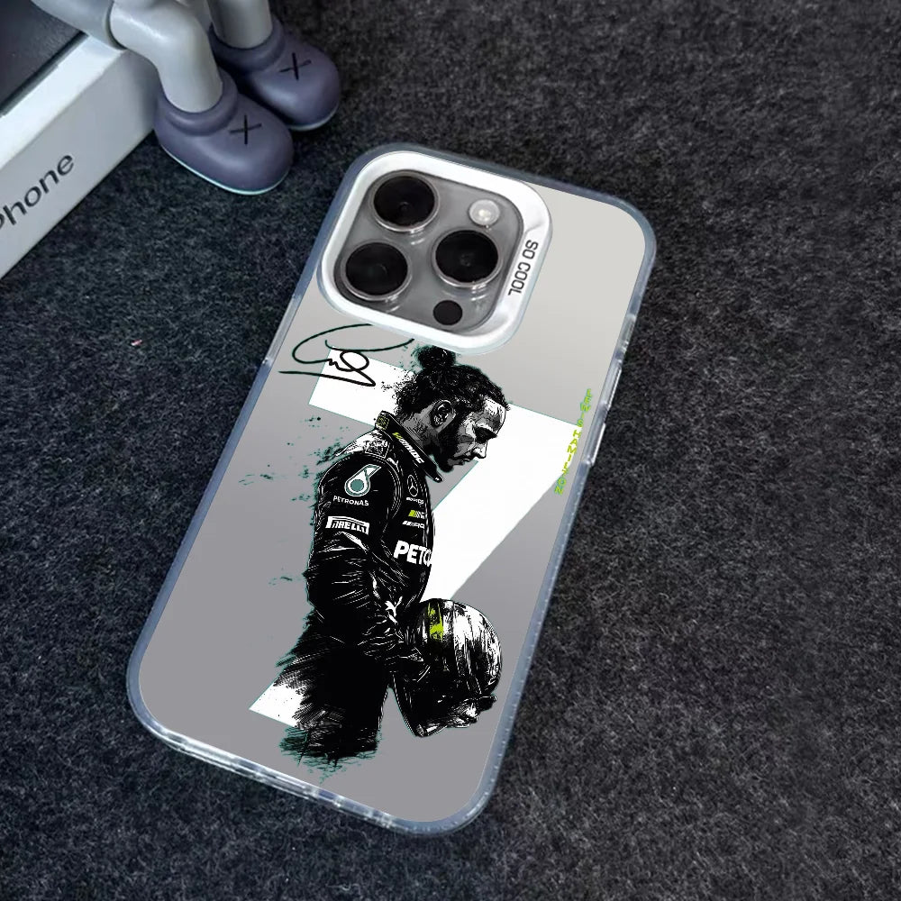 1PC L-Lewis H-Hamilton 44 F1 Phone Case Phone Case IMD color silver shell For iPhone 16 15 14 13 12 11 Pro Max Plus