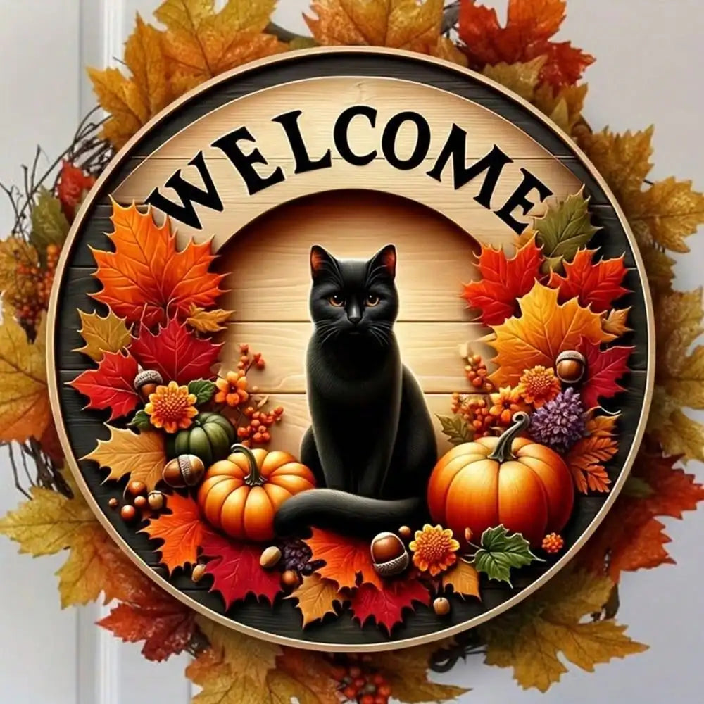 Autumn Round Welcome Sign, Black Cat & Fall Harvest Elements (Pumpkins, Maple Leaves), Wooden Hanging Wall Decor for Home Porch