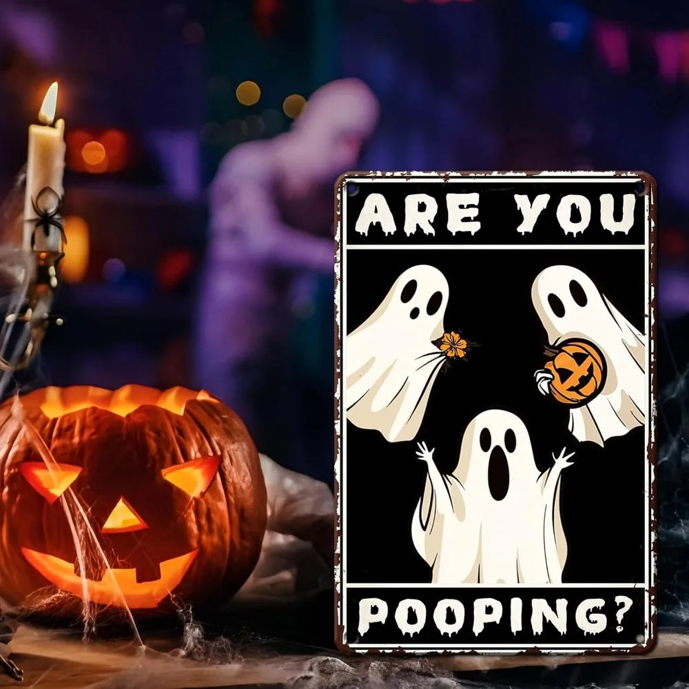 Ghost Metal Tin Sign - Retro Halloween Wall Decor, Rustic Bathroom Restroom Iron Plaque Art