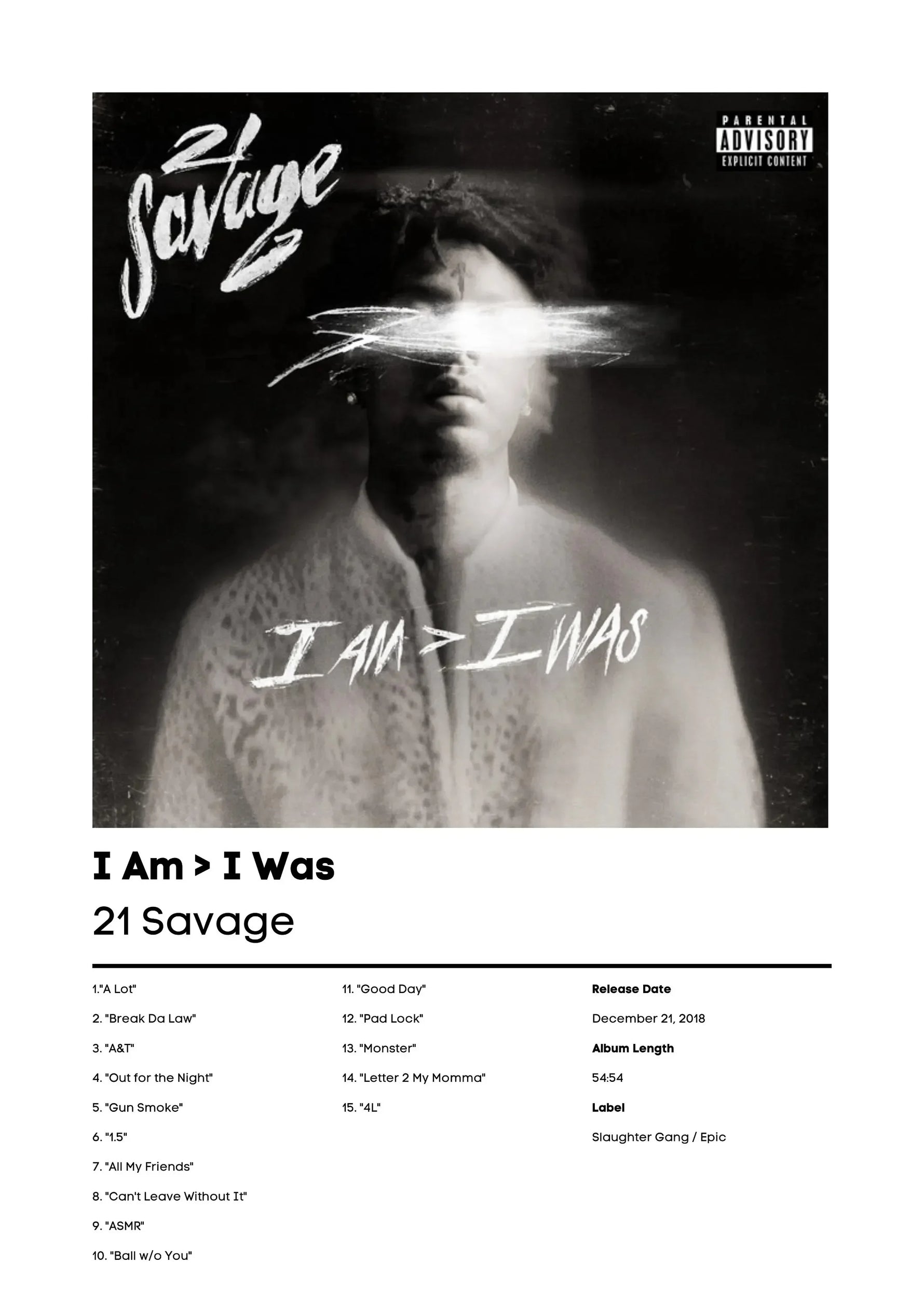 Canvas Painting Hip Hop Rapper 21 Savage, I Am I Was Savage Music Album Art Poster Wall Prints Picture Living Room Home Decor