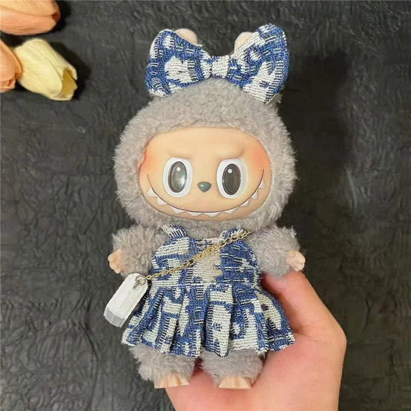 17cm For Labubu Doll Clothing Skirt Bowhair Accessory Set Retro Bib Pants Clothes Luxury Messenger Bag Shoes Set Sitting Party