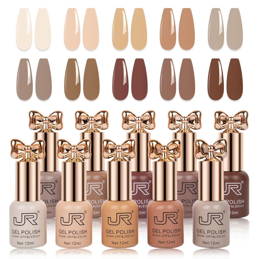 JR10pcs 12ml gel nail polish set Including Red Pink Nude Gel Polish Kit UV LED Soak Off Polish Home DIY top coat base coat gifts