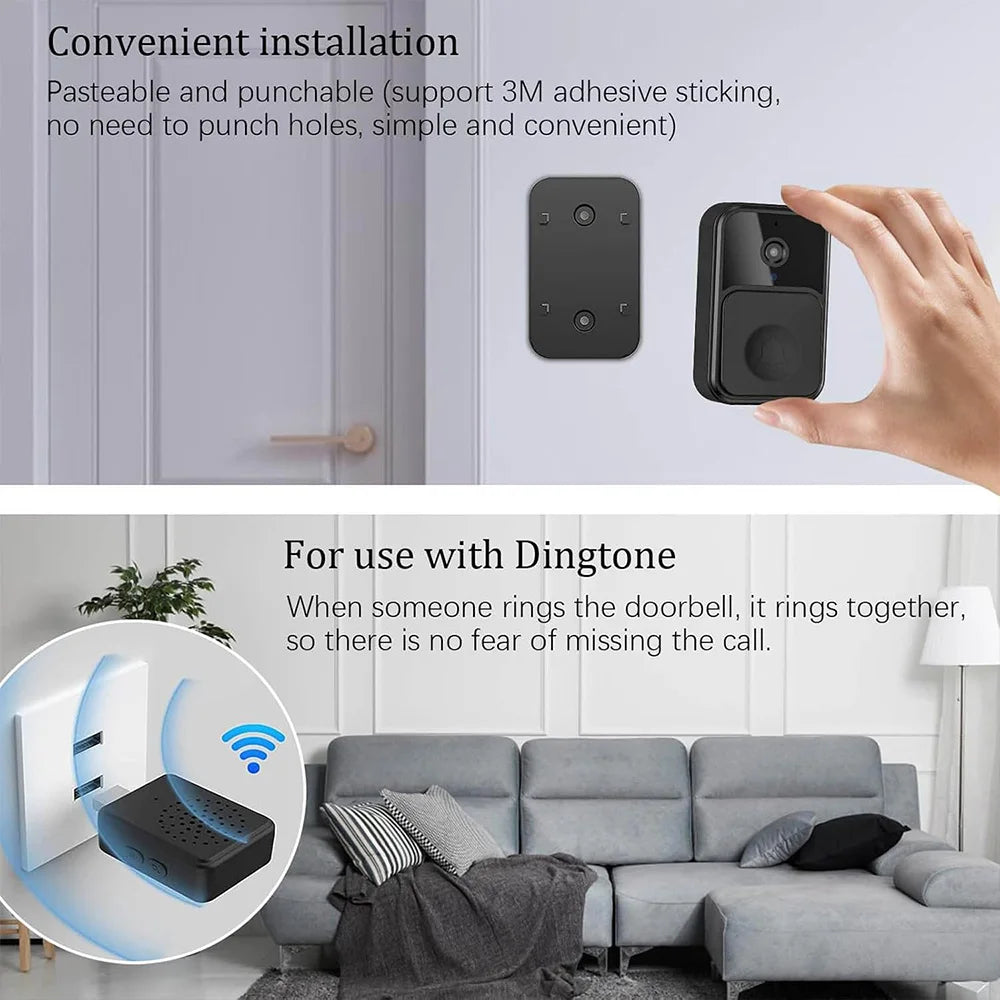 WiFi Wireless Doorbell Camera with Chime Smart Video Night Vision Indoor Security Two-Way Intercom Door Bell for Home Office