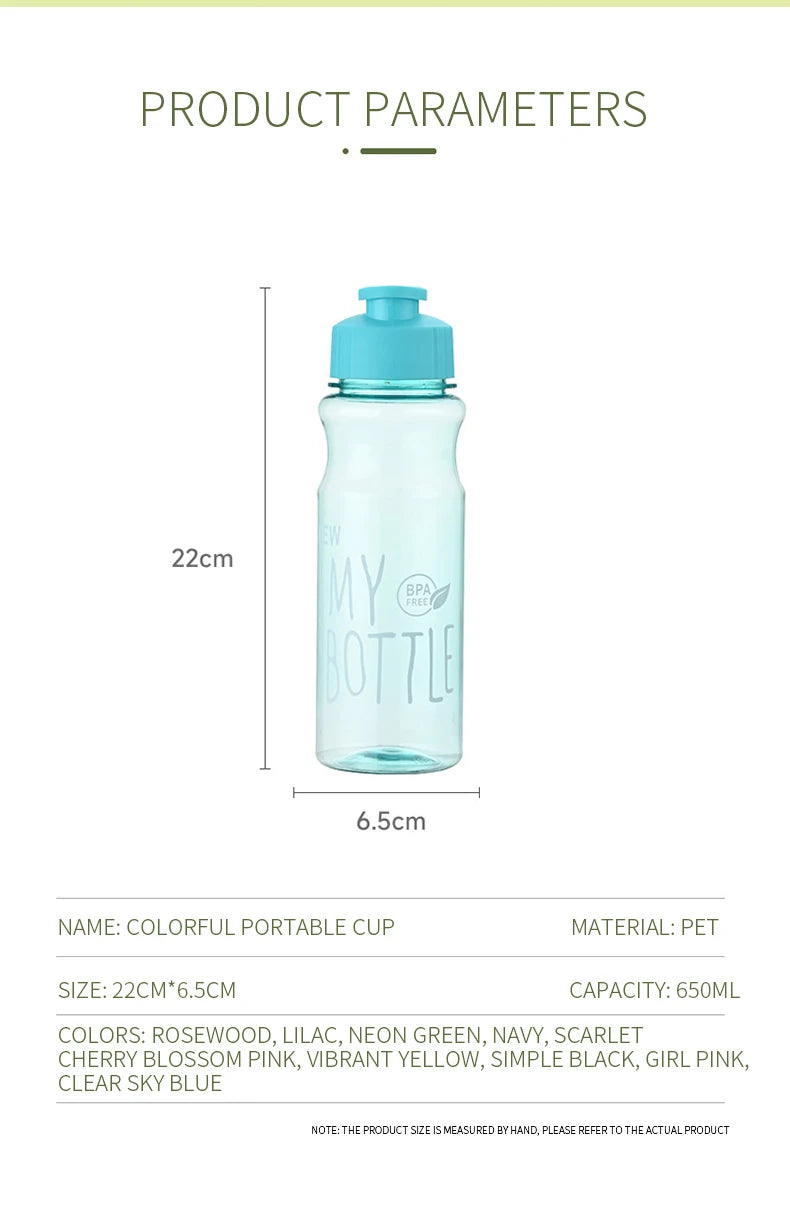 Transparent Water Bottle Portable Sport Cup for Drinking Kitchen Tools 650ML Water Bottle For School Gym Travel Girl Boy