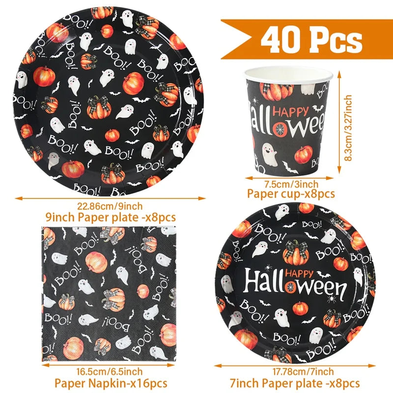 Halloween Disposable Tableware Pumpkin Ghost Boo Paper Plates Cups Napkins Kids Favor Happy Halloween Decoration Trick or Treat