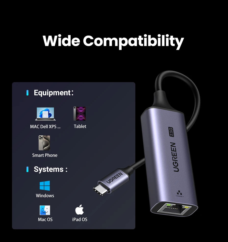 UGREEN USB Ethernet Adapter 2.5G 2500Mbps USB3.0 Network Card for Laptop PC NAS Server Windows Mac OS USB-A/C Internet Adapter