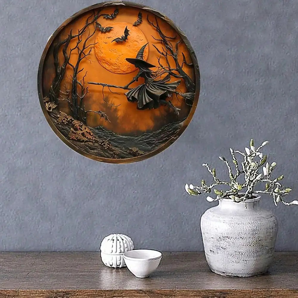1pc Halloween 3D - Effect Witch Wall Decor, Round Hanging Sign with Bat & Moon Scene, Spooky Festive Home Decoration