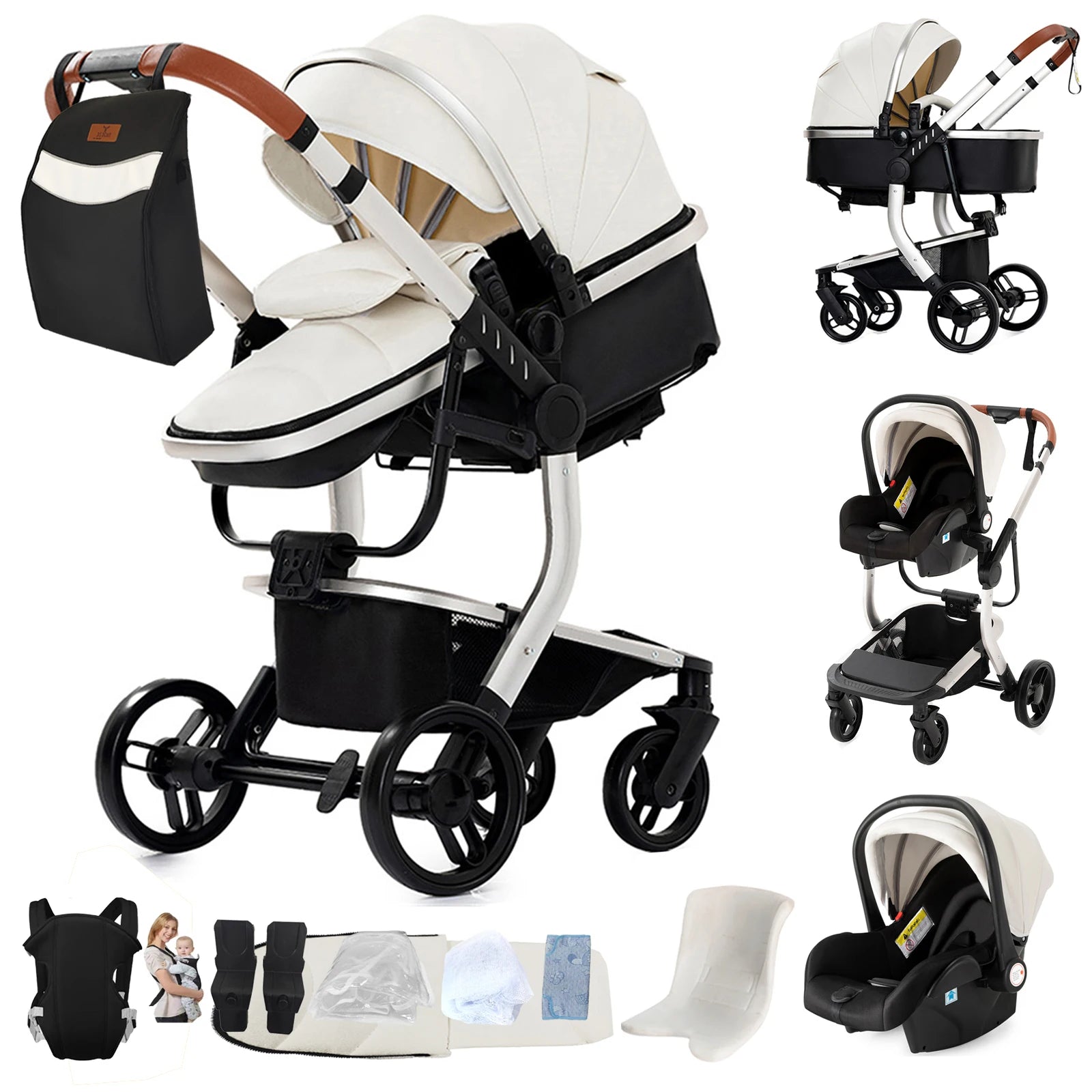 Ultimate 3-in-1 Lightweight Baby Stroller Travel System Convertible Pram & Carriage with PU Wheels for All-Terrain, Compact Fold