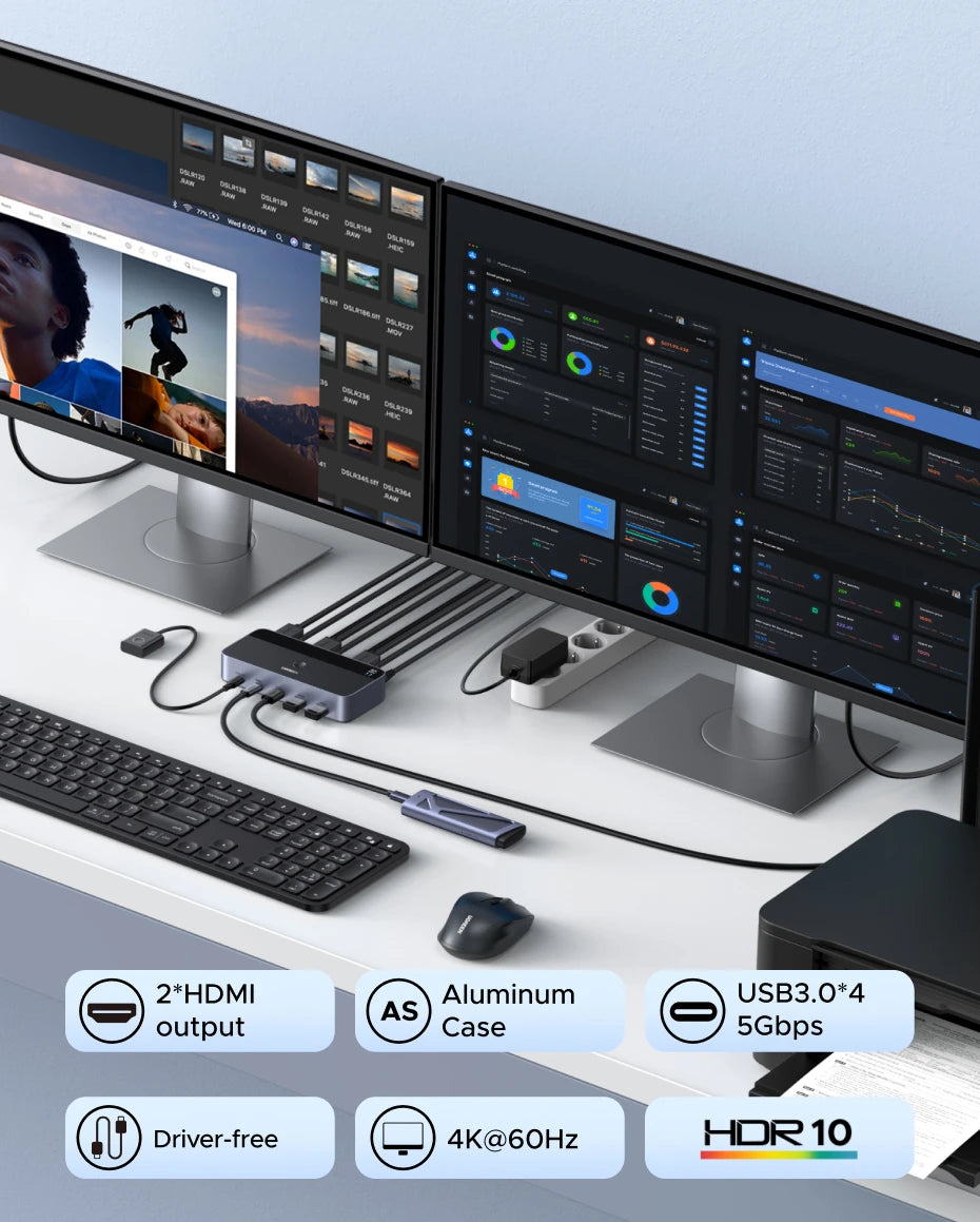 UGREEN HDMI KVM Switch for 2 Monitor 2 PCs 4K 60Hz USB C USB 3.0 Sharing Monitor Keyboard Mouse Printer with HDR 3D Support