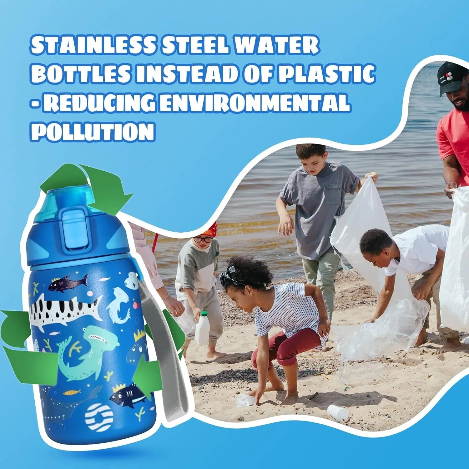 Fjbottle Kids Water Bottle Stainless Steel 400ml,1-Click Opening, BPA-Free Leak-proof Thermos Bottle, Cartoon Water bottle