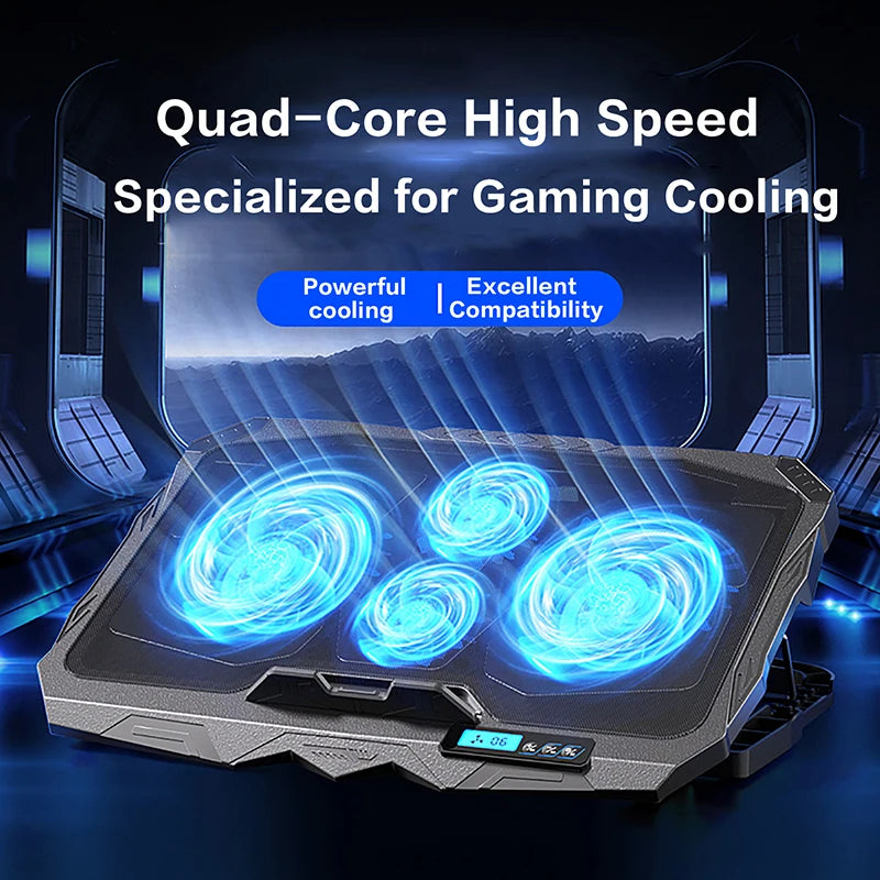 Laptop Cooling Stand for 17 Inch Notebook with 5 Height and 6 Wind Speed Adjustments, 4 Fans, LCD Display, and 2 USB Ports