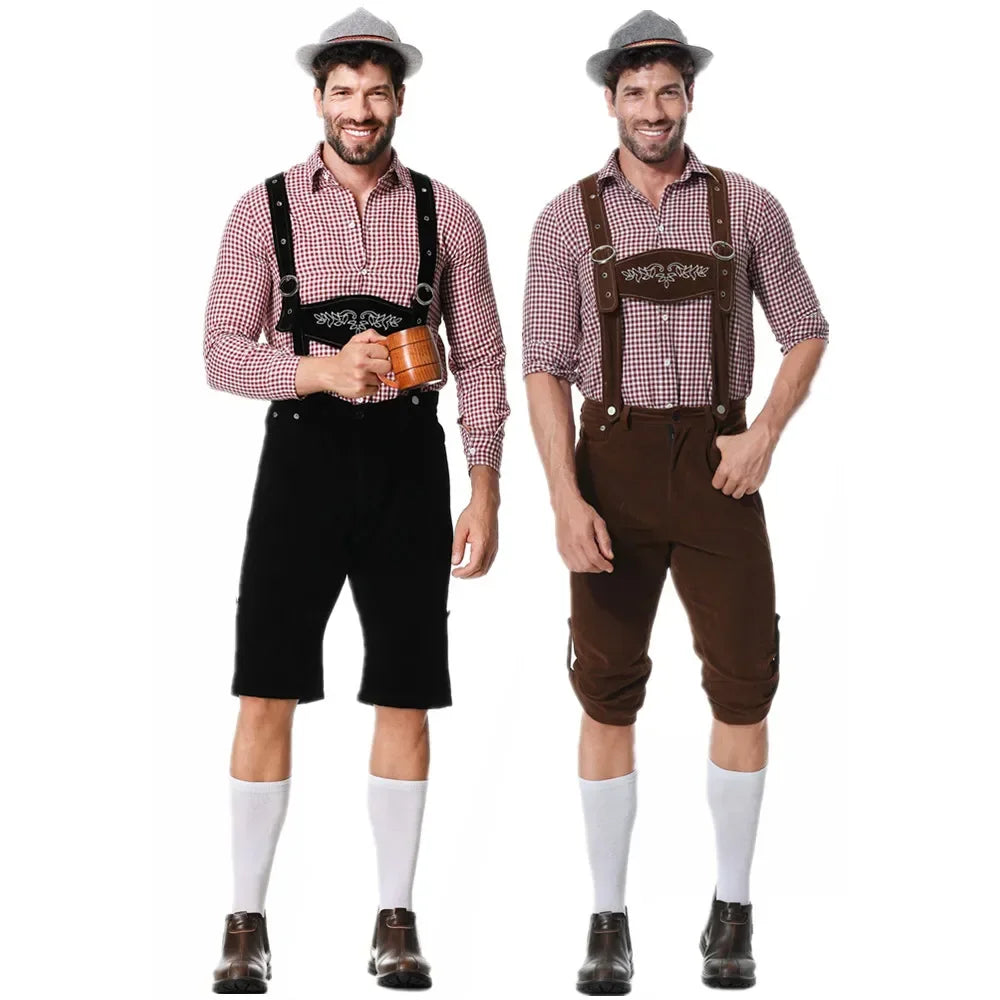 M-XXL Men Bavarian Oktoberfest Lederhosen Costume for Cosplay German Beer Festivals Suspenders Rompers Shirt Hat Set Outfit