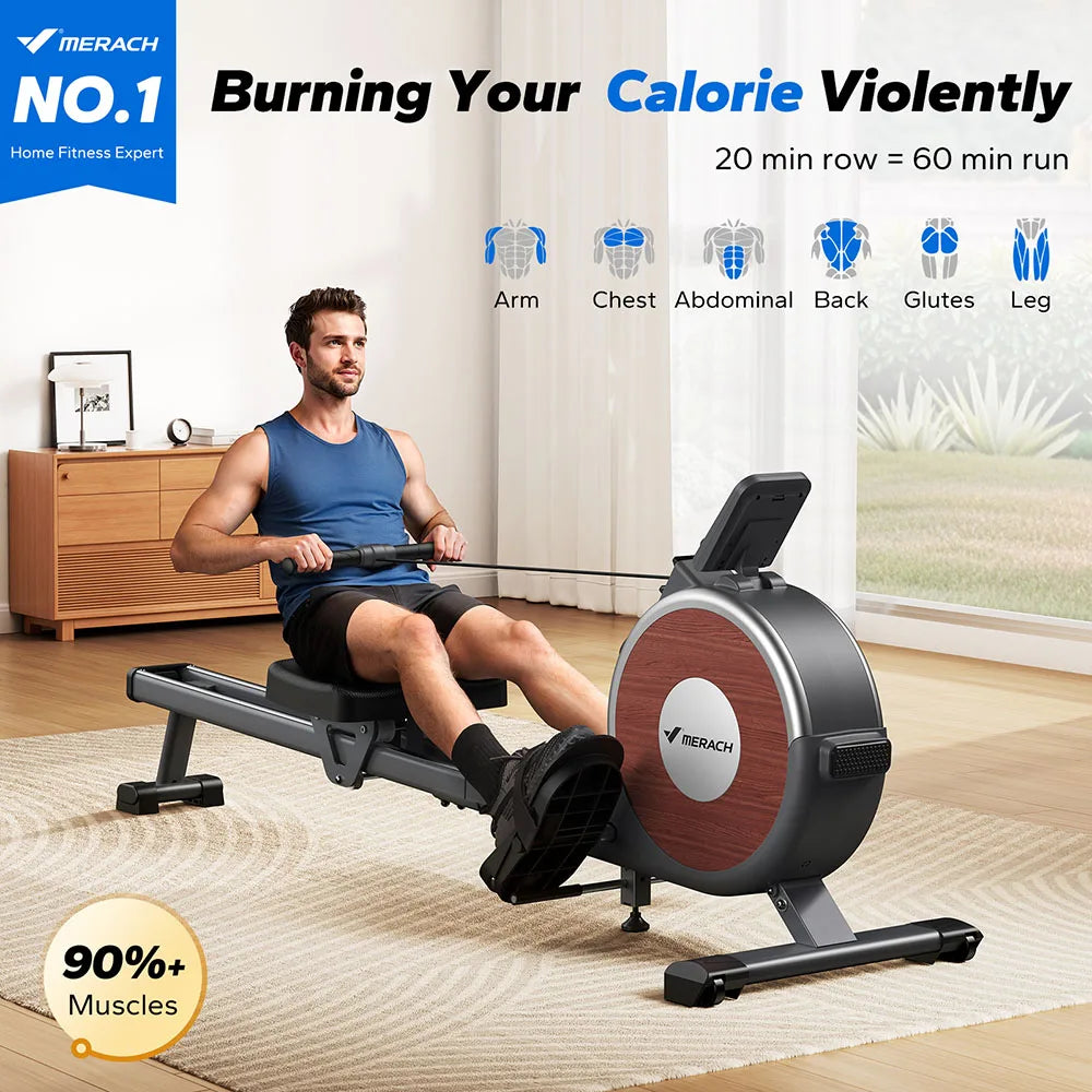 MERACH Q1S Magnetic Rowing Machine, 16-Level Resistance, 350lbs Capacity, Dual Rail, LCD Monitor, App Compatible, Manual Adjust