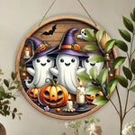 Halloween Witch Hat Circular Wooden Sign - Cute Ghost, Pumpkin, Bat Design, Suitable for Home Kitchen, Garden Porch Decoration