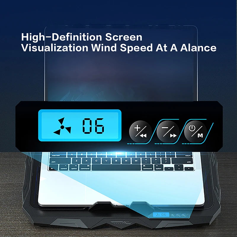Laptop Cooling Stand for 17 Inch Notebook with 5 Height and 6 Wind Speed Adjustments, 4 Fans, LCD Display, and 2 USB Ports