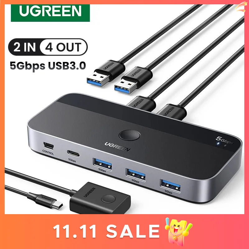 UGREEN USB KVM Switch USB 3.0 Switcher KVM Switch for PC Keyboard Mouse Printer 2 PCs Sharing 4 Devices USB Switch