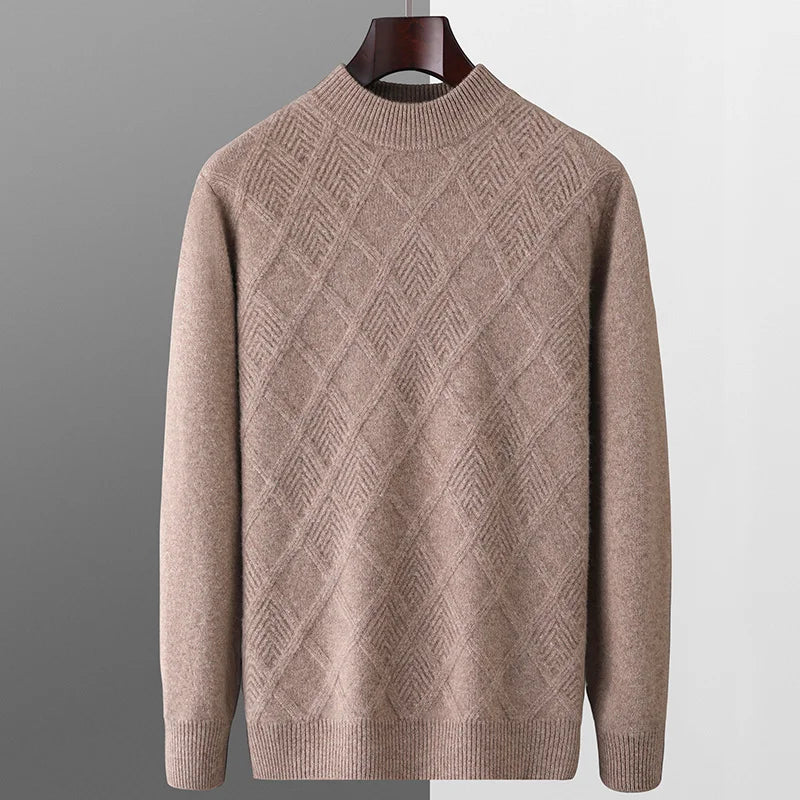 Autumn and winter new 100% pure wool men's diamond thick loose middle-aged and young business half height warm pullover sweater