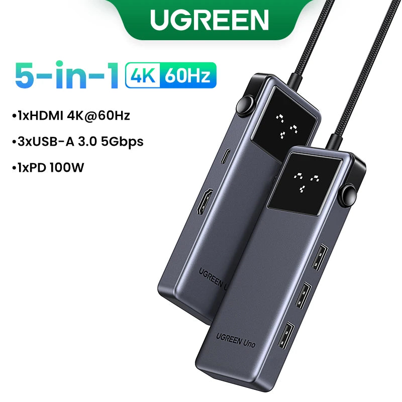 UGREEN Uno USB C HUB Type-C to 4K60Hz 2K120Hz HDMI 1000Mbps RJ45 PD100W USB3.0 Splitter for Laptop Accrssories MacBook Docking