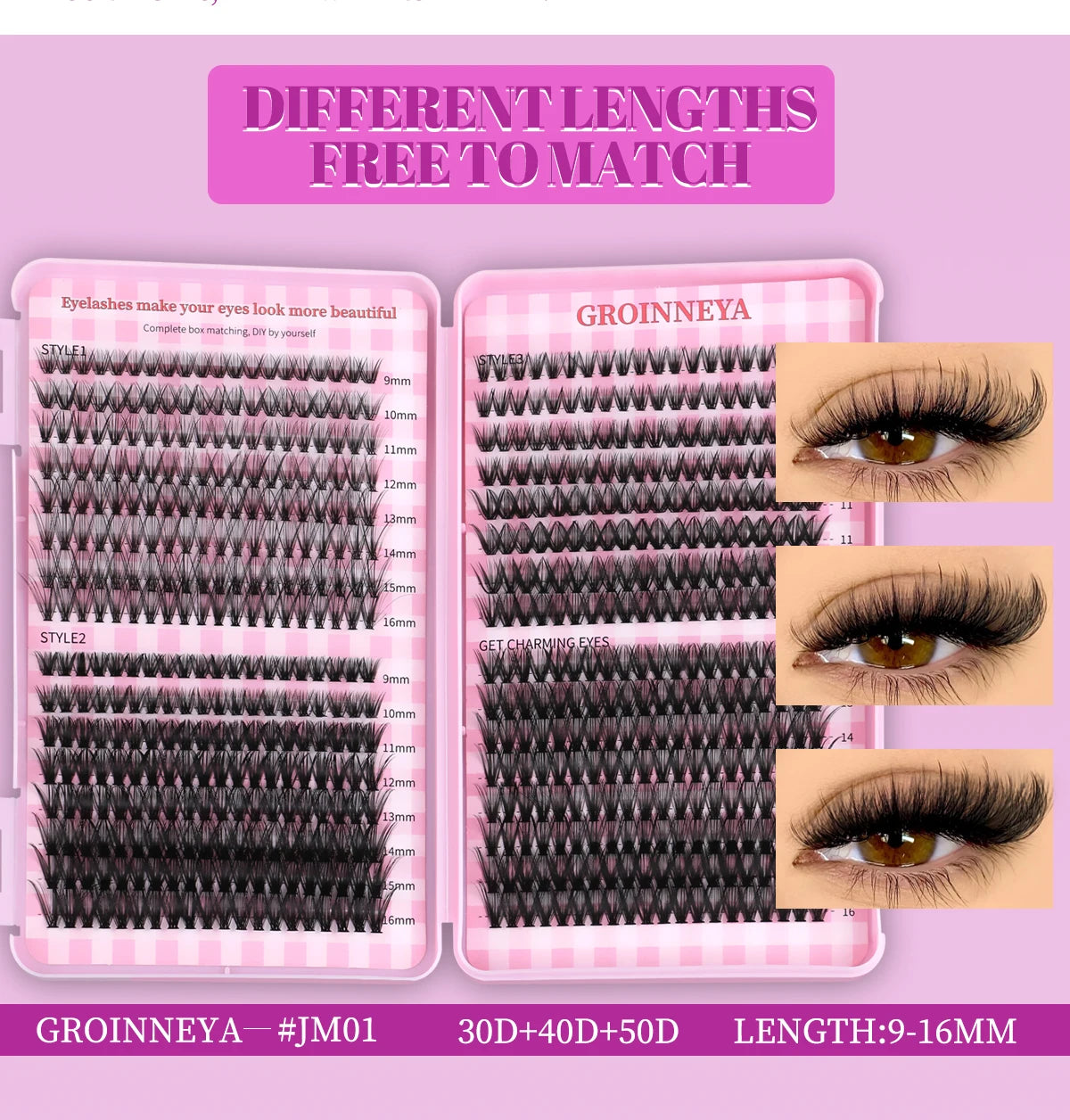 GROINNEYA DIY Lash Clusters Set Mixed Tray Lashes Kit Fluffy Individual Lashes Extension with Lash Bond and Seal At Home Makeup