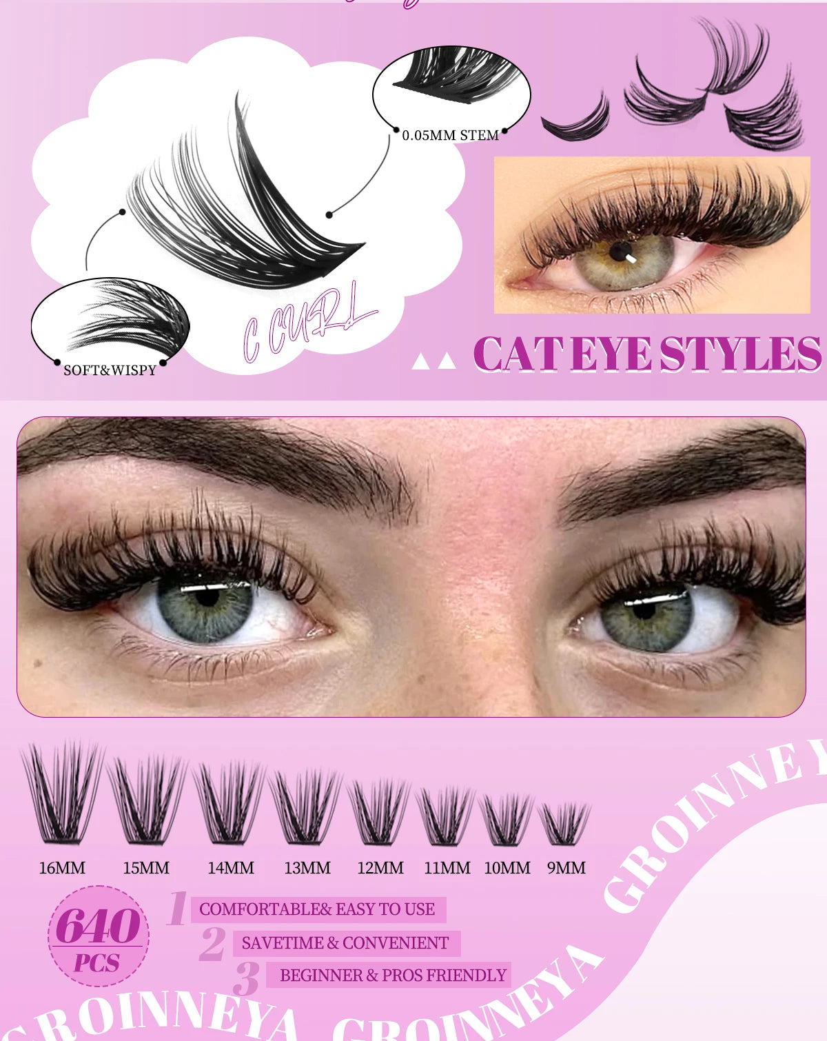 GROINNEYA DIY Lash Clusters Set Mixed Tray Lashes Kit Fluffy Individual Lashes Extension with Lash Bond and Seal At Home Makeup